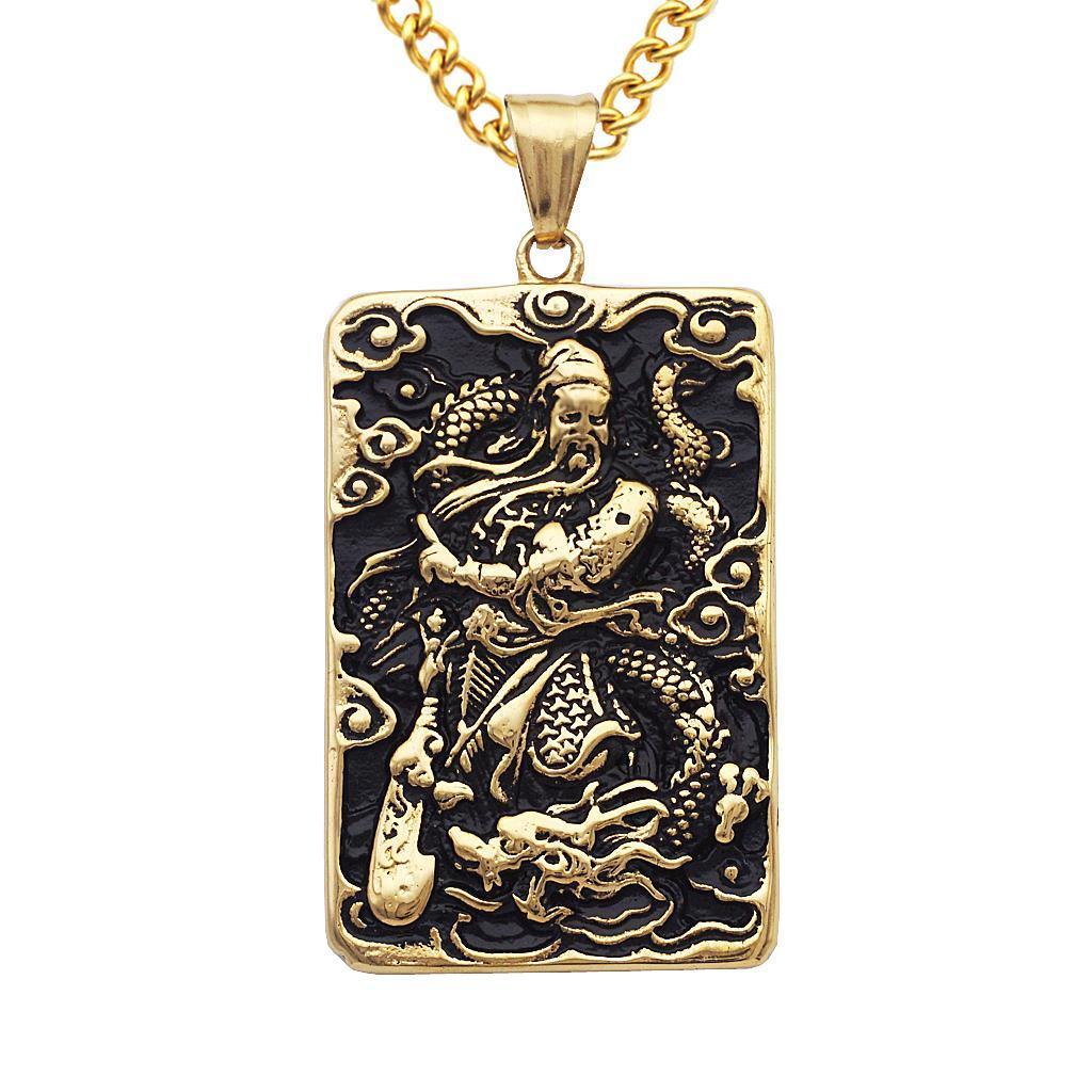 Stainless Steel Amulet Guan YU Chinese Hero Pendant Charms Necklace Gold