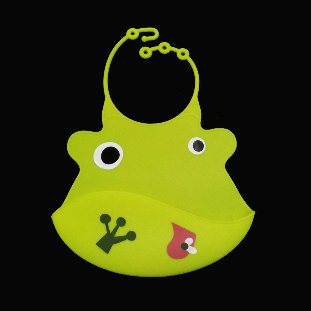 Cute Baby Silicone Bib Waterproof Easy Clean Up Crumb Catcher Lemon Green Frog Pattern   