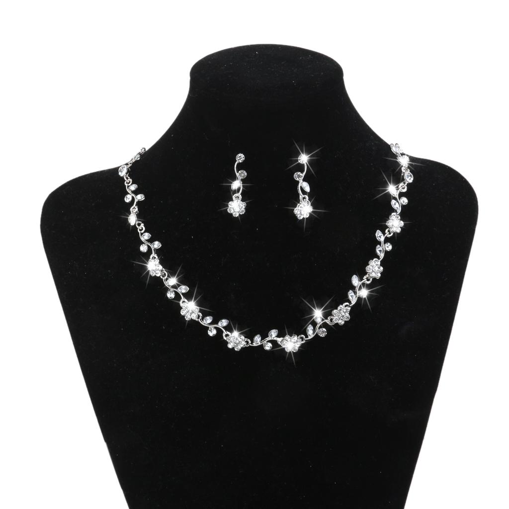 Bridal Wedding Jewelry Crystal Rhinestone Flower Necklace Earring Set