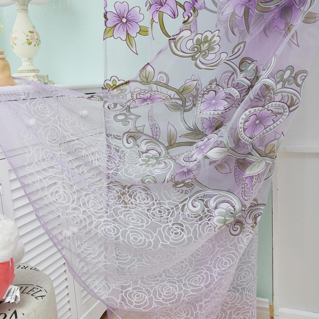 Offset Printing Flower Window Curtain Tulle Scarf Purple100*200cm