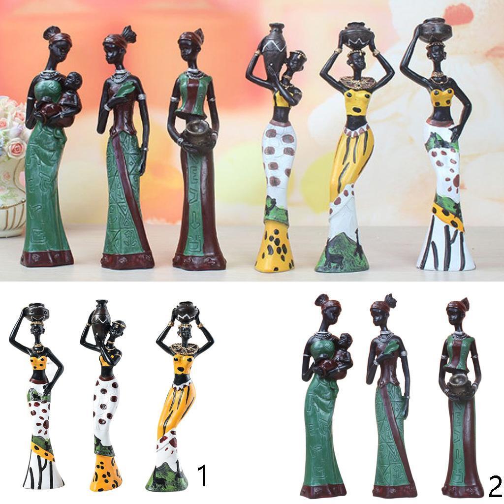 African Figures Sculpture Tribal Lady Figurine Statue Collectible Art 3-Set Yellow