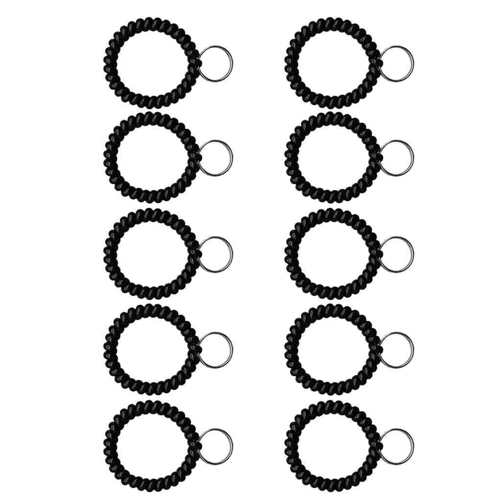 10 Pieces Spiral Wrist Coil Keychains Key Ring Wrist Band Ken Chain Black