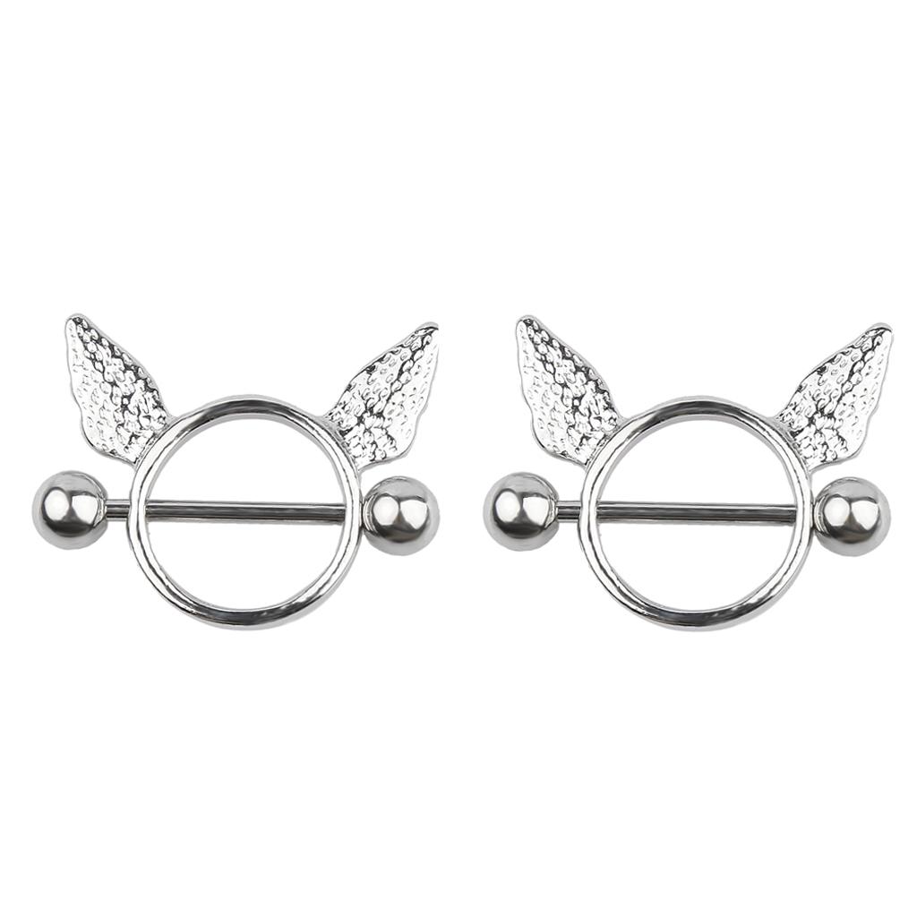 A Pair of Angel Wing Nipple Shield Ring Barbell Body Piercing Jewelry-Silver