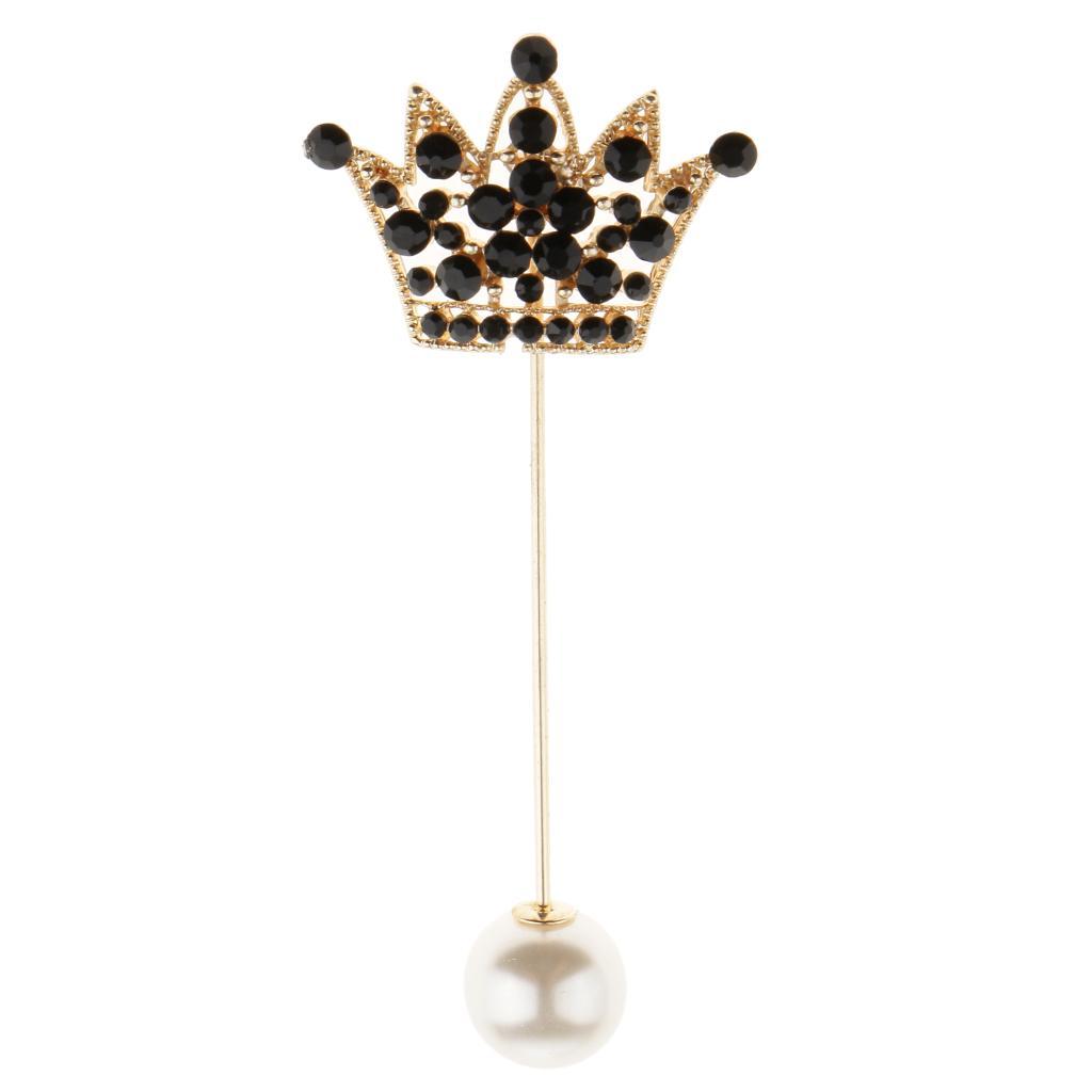 Crown Pearl Rhinestones Unisex Lapel Brooch Pin Christmas Gift Gold Black