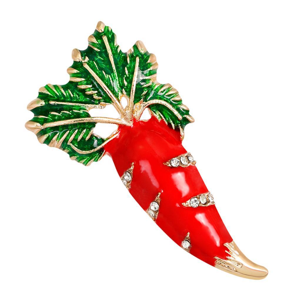 Fashion Red Enamel Carrot And Green Leaves Crystal Brooch Pins For Women