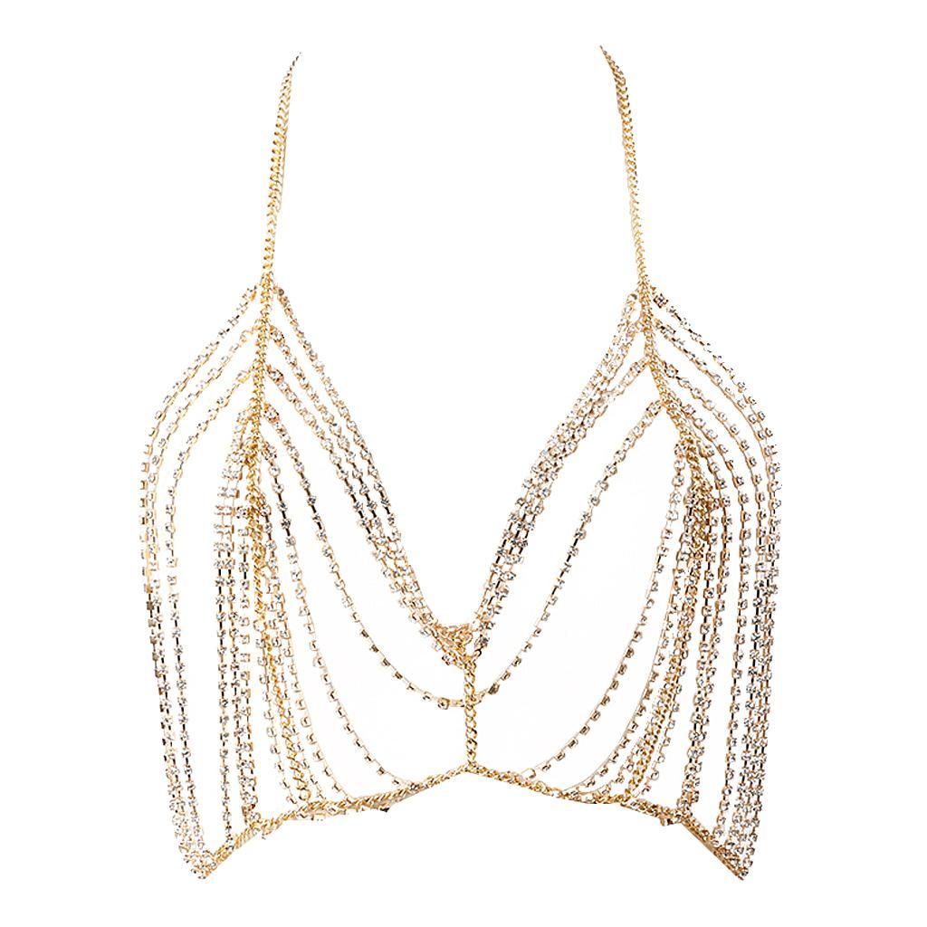 Sexy Rhinestone Tassel Backless Harness Bra Bikini Clubwear Bra Chain Gold