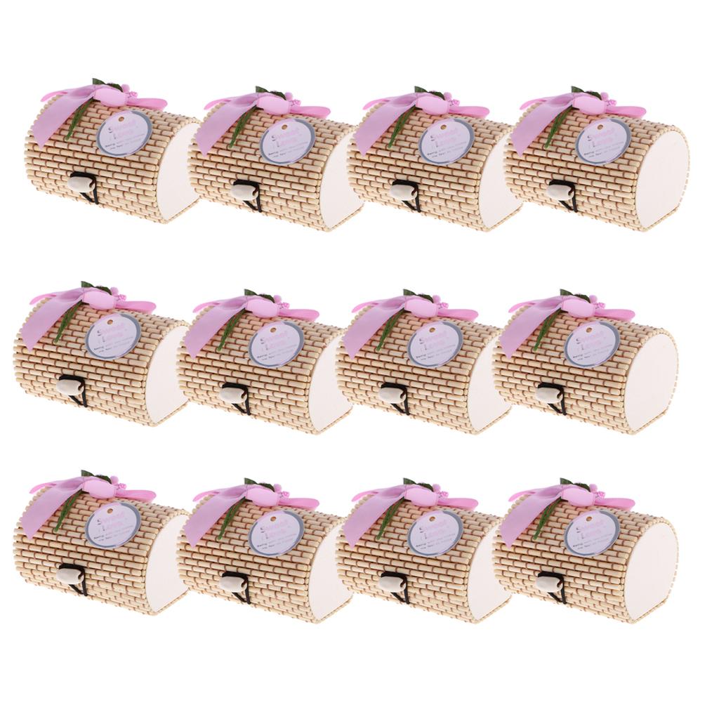 12 Pieces Bamboo Wooden Boxes with Bowknot JewelryCandy Boxes Pink Bowknot