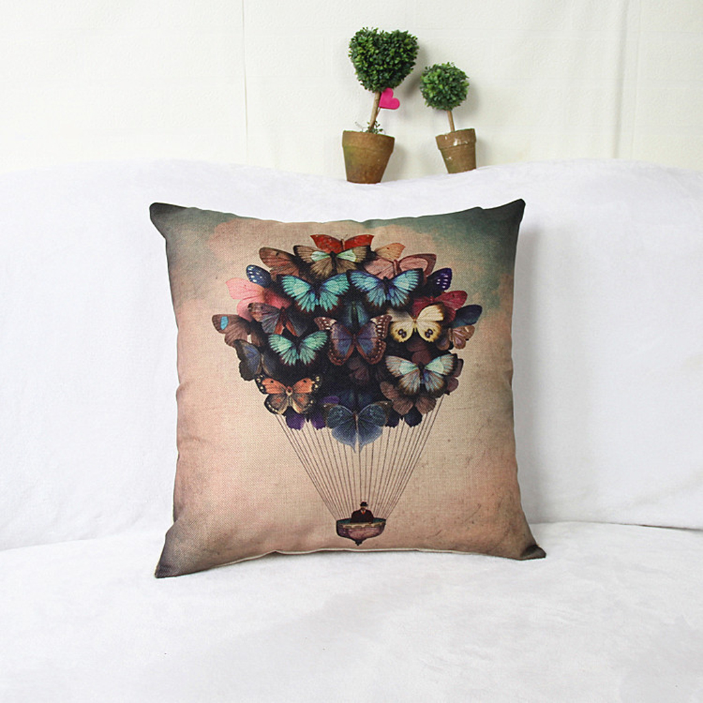 Butterfly Fire Balloon Print Cotton Linen Throw PillowCase Cushion Cover