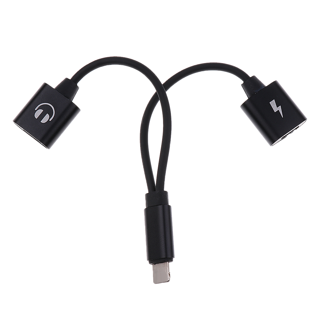 Protable Double Jack Headphone Audio Charging Adapter for iPhone Black