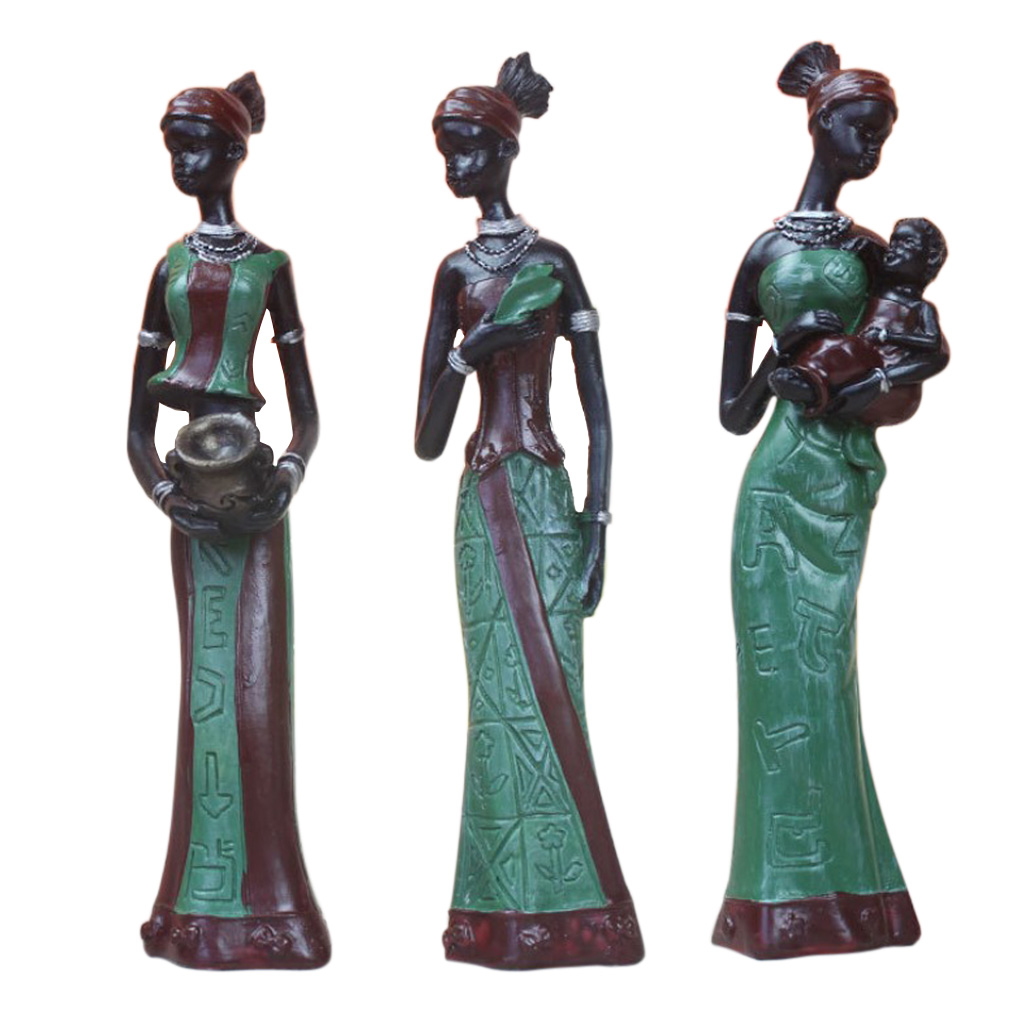 African Figures Sculpture Tribal Lady Figurine Statue Collectible Art 3-Set Green