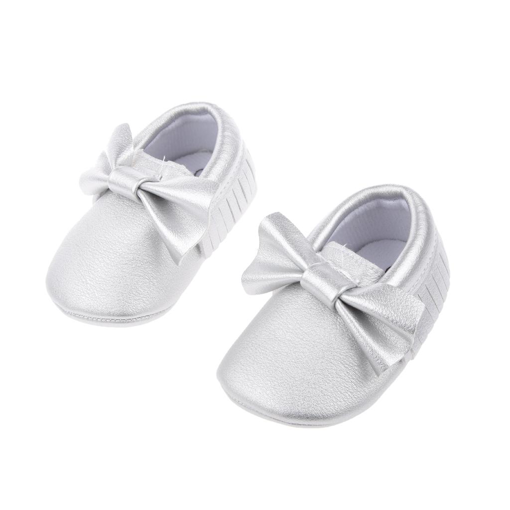 Baby Kids Bowknot Soft Sole Moccasin Toddler Leather Crib Shoes 11cm Silver
