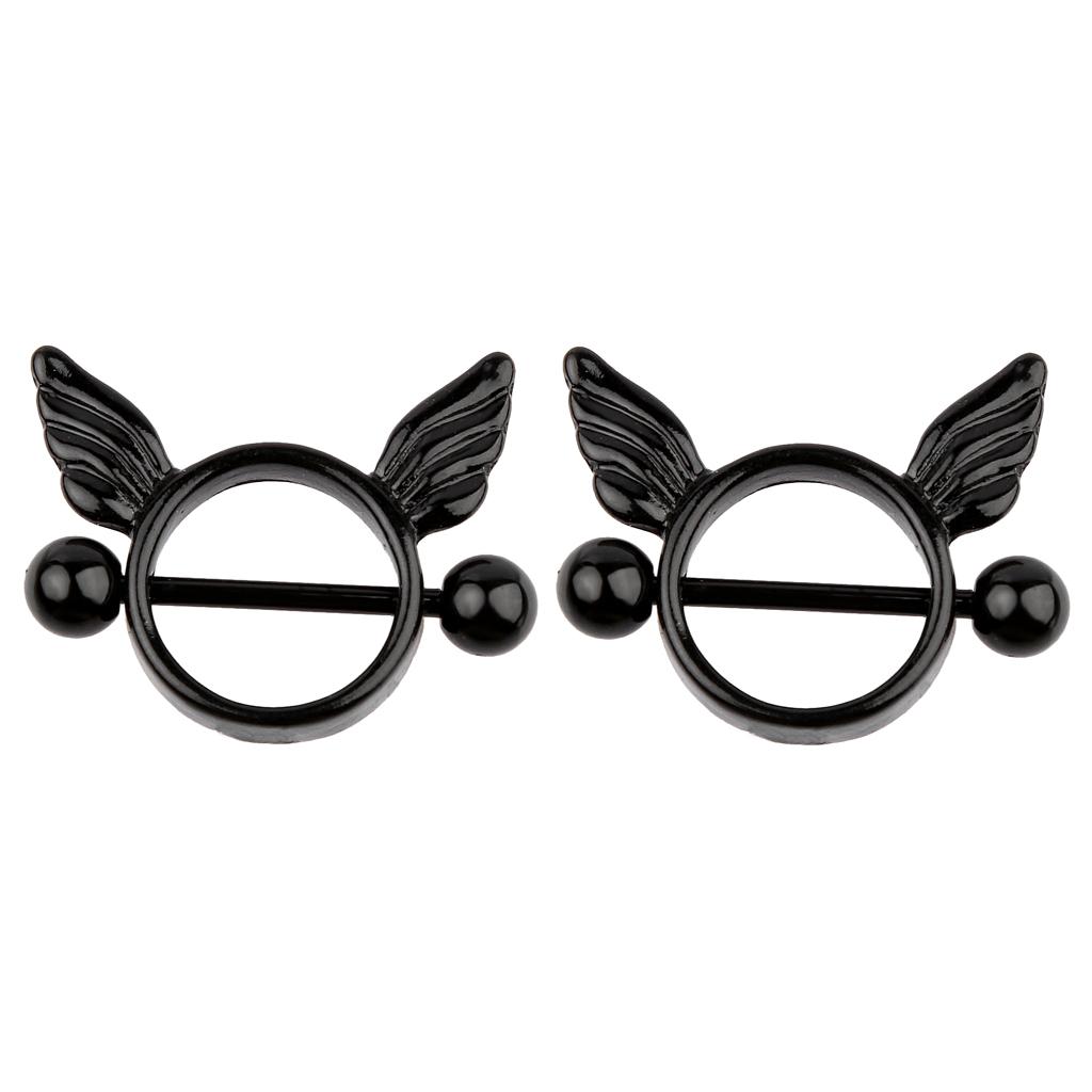 A Pair of Angel Wing Nipple Shield Ring Barbell Body Piercing Jewelry-Black
