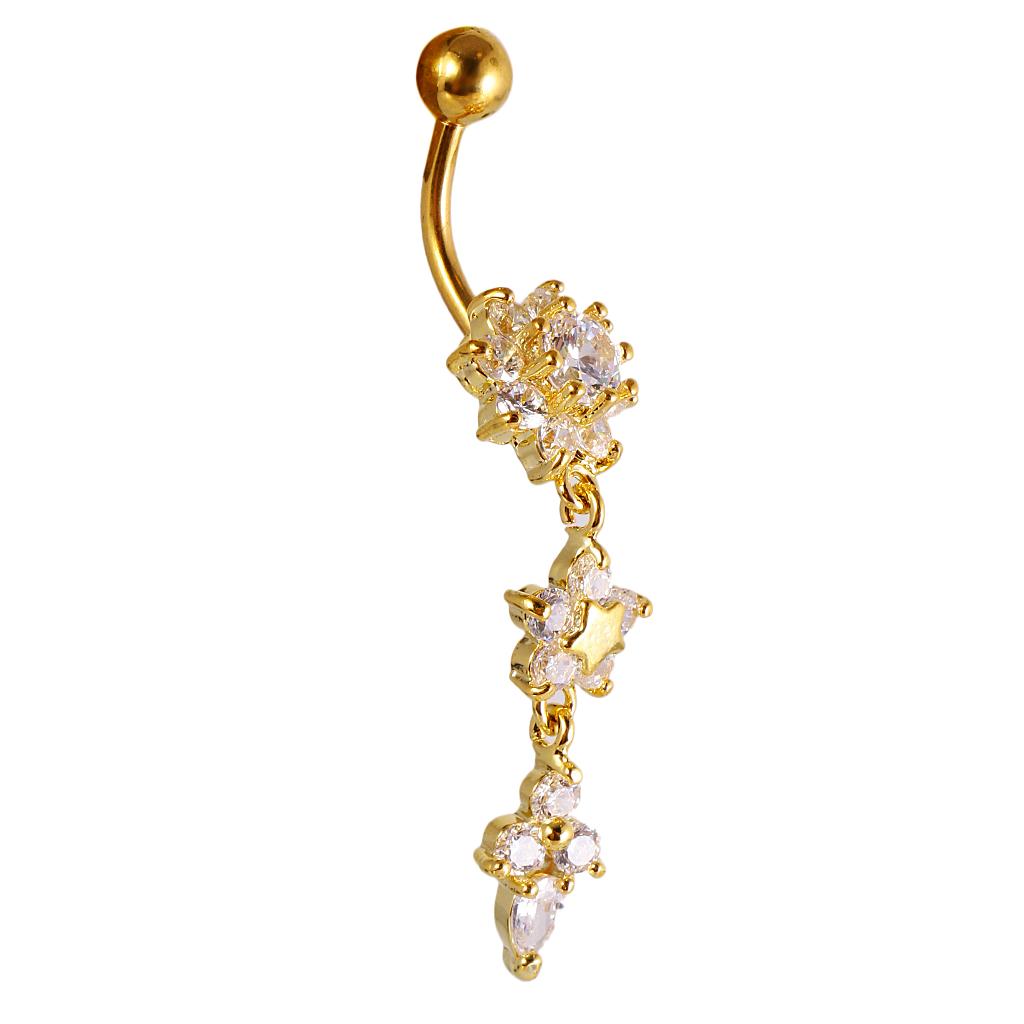 Crystal Floral Dangle Navel Ring Belly Button Bar Body Piercing Jewelry Gold