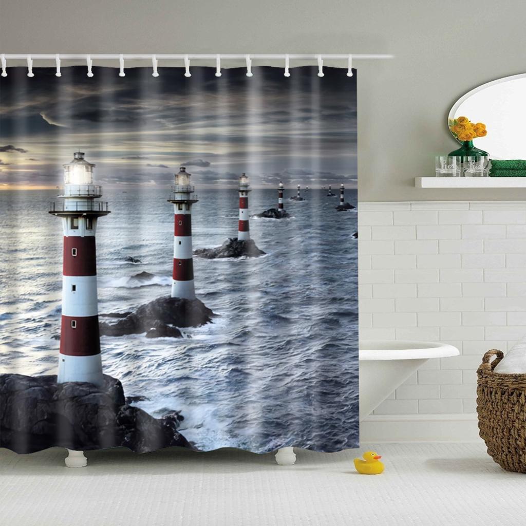 Digital Printed Shower Curtain Set with Hooks Bathroom Use Lighthouse