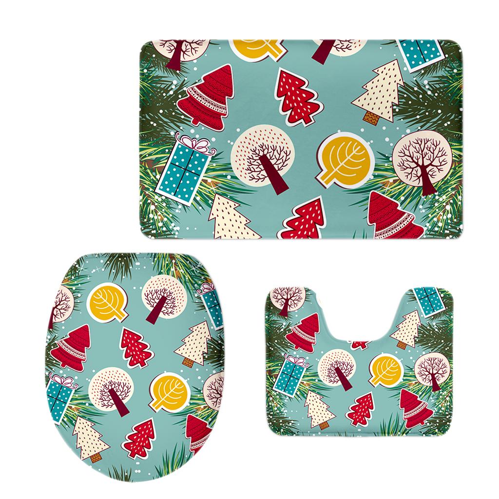 Non-Slip Bathroom Pedestal Lid Mat Pad Toilet Rug Set Christmas Trees