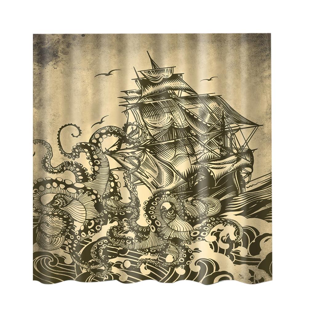 Folk Style Bathroom Polyester Shower Curtain with 12 Hooks Set Pirate Ship