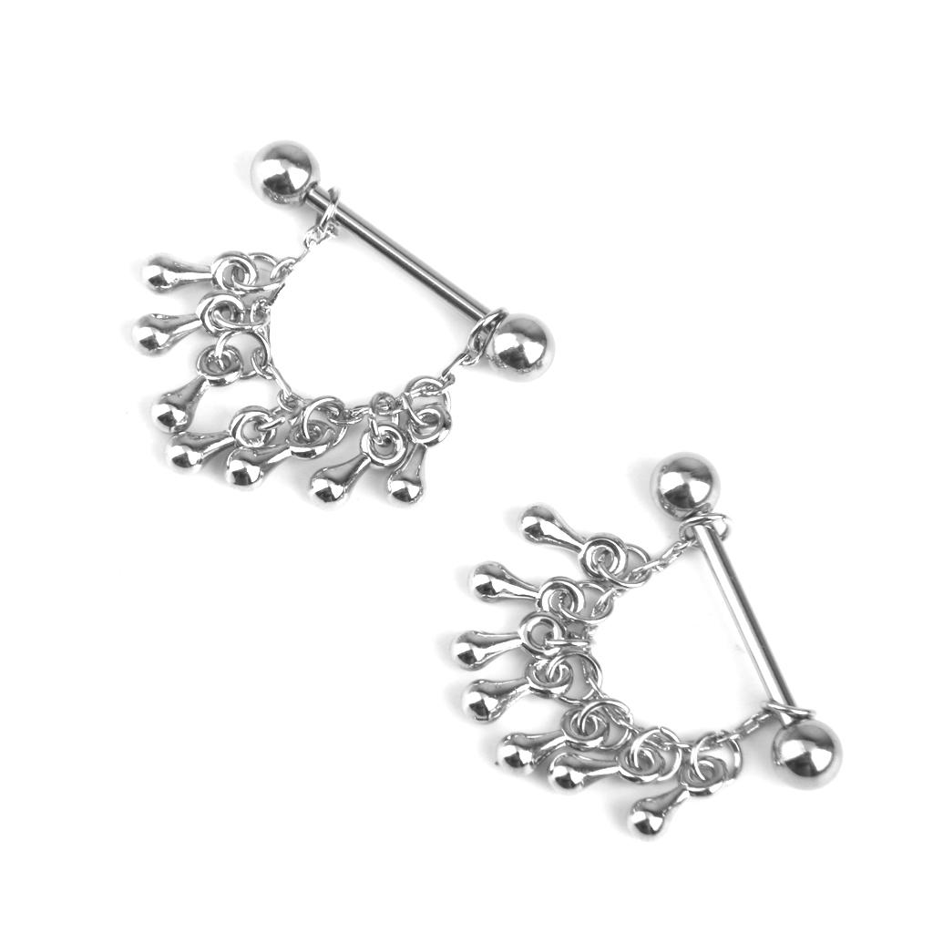 1 Pair 14G Stainless Steel Water Drop Tassel Nipple Ring Body Piercing