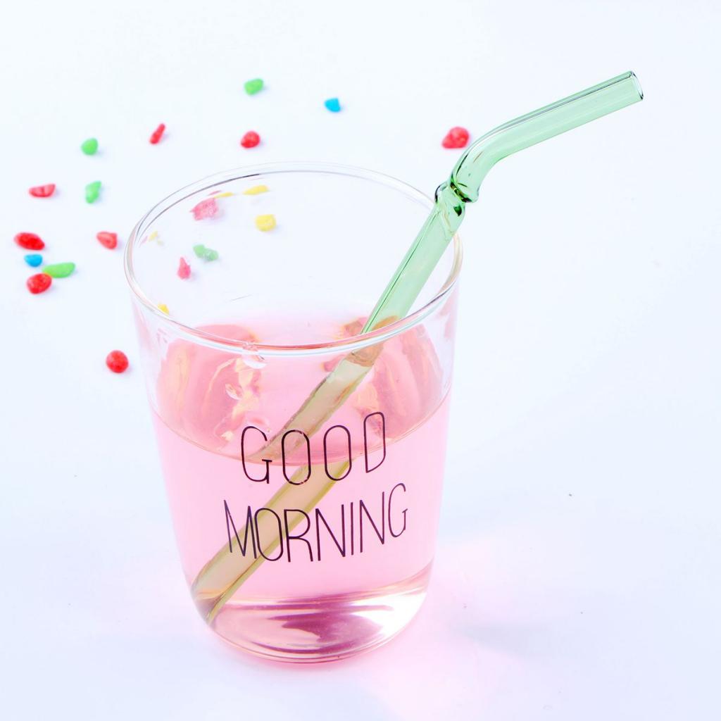 Creative Reusable Bent Glass Tube Drinking Straw + Cleaning Brush Green
