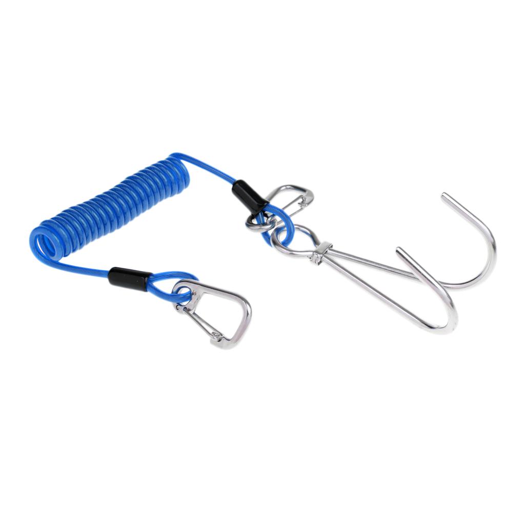 Scuba Diving Reef Double Hooks with Spiral Coil Lanyard and Carabiner blue