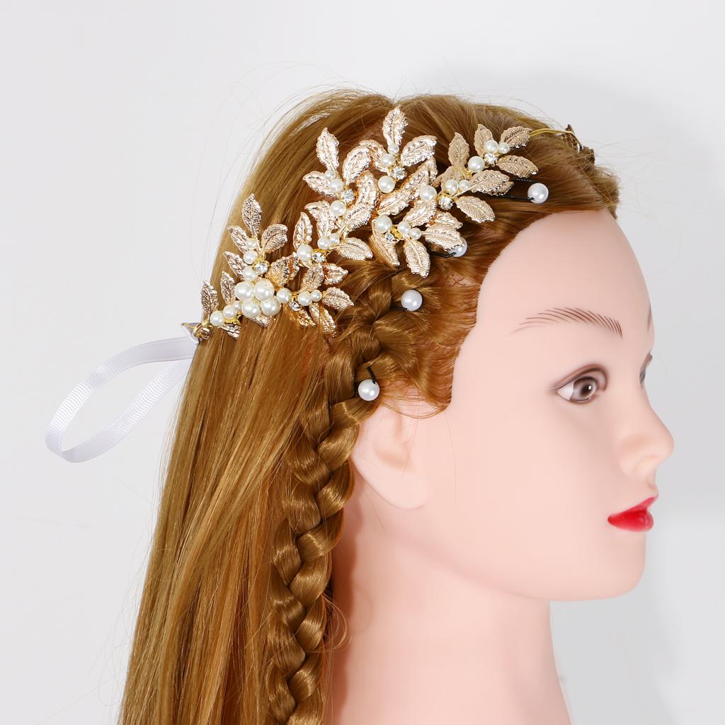Crystal Pearl Leaf Vine Bridal Headband Wedding Headpiece with Ribbon Gold