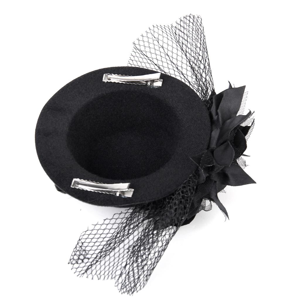 Ladies Flower Decorated Hair Clip Feather Burlesque Punk Mini Top Hat-Black