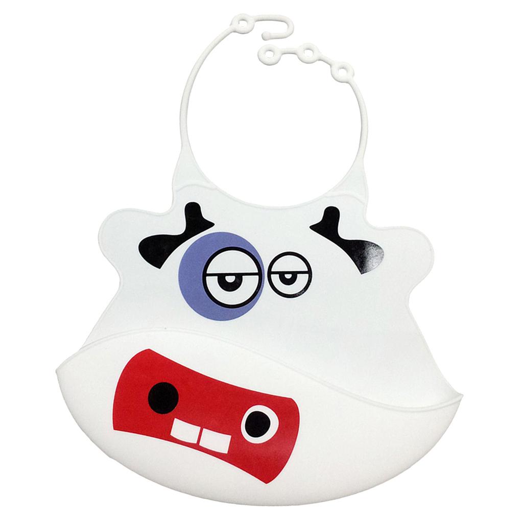 Cute Baby Silicone Bib Waterproof Easy Clean Up Crumb Catcher White Cow Pattern   