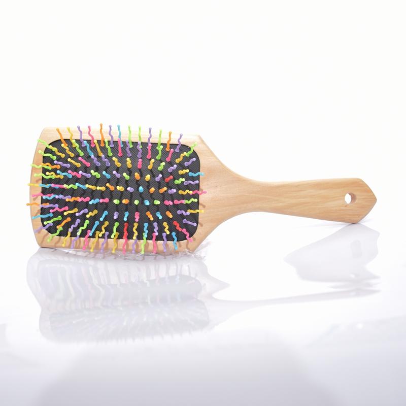 Pointed Wood Handle Rainbow Pin Human Massage Hair Brush Black Cushion Comb