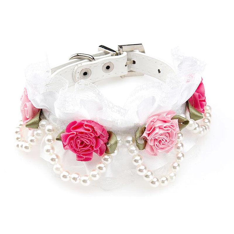 Pet Dog Cat Puppy Imitation Pearls Necklace Flower Lace Collar Belt White S