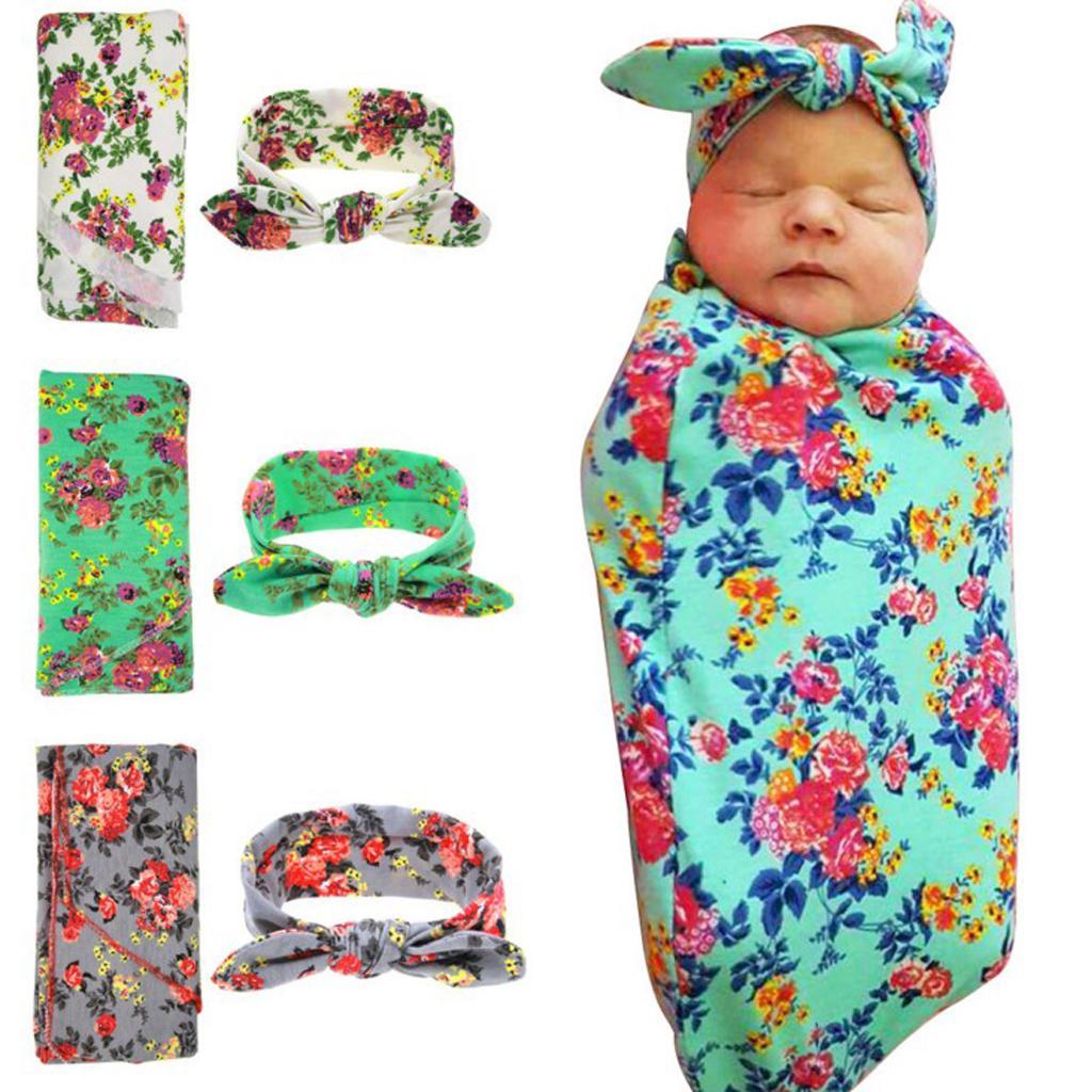 Newborn Baby Photo Props Sets Flower Headband + Baby Blanket White 