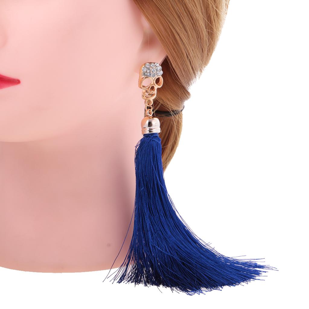 Women Thread Long Tassel Earrings Crystal Skull Statement Earrings Blue