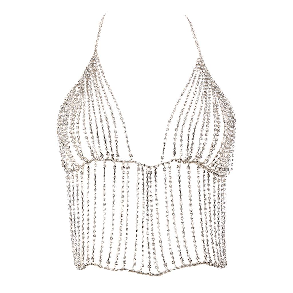 Shiny Rhinestone Tassel Bra Bikini Chain Clubwear Backless Women Bra Silver