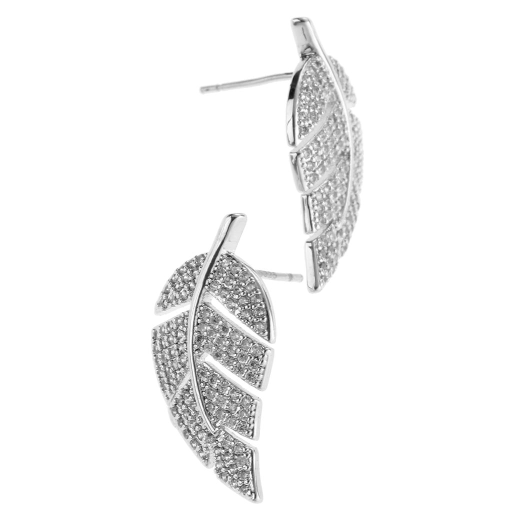 Fashion Silver Rhinestone Simple Leaf Women Bridal Jewelry Ear Stud Earrings