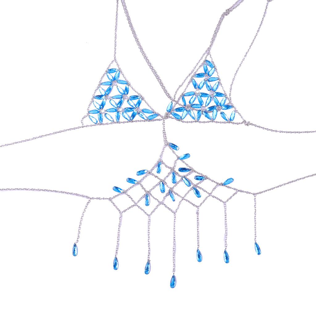Women Red Body Chain Bright Hollow Halter Rhinstone Crystal Blue Bra Bikini