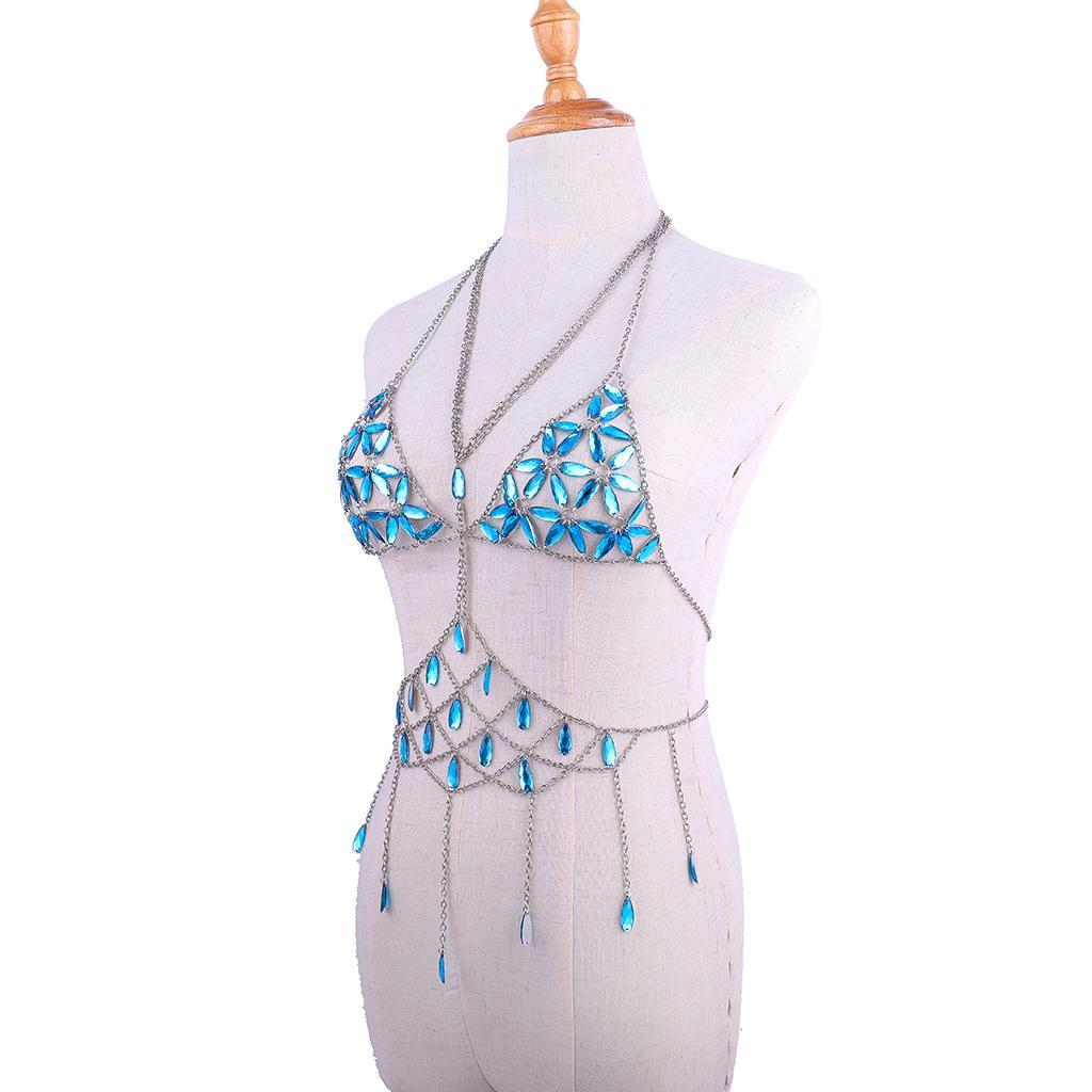 Women Red Body Chain Bright Hollow Halter Rhinstone Crystal Blue Bra Bikini