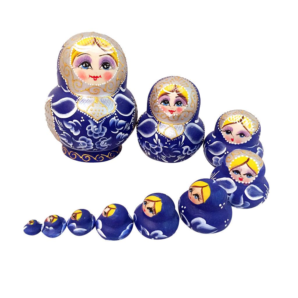 10PCS Hand Painted Blue Wooden Russian Nesting Dolls