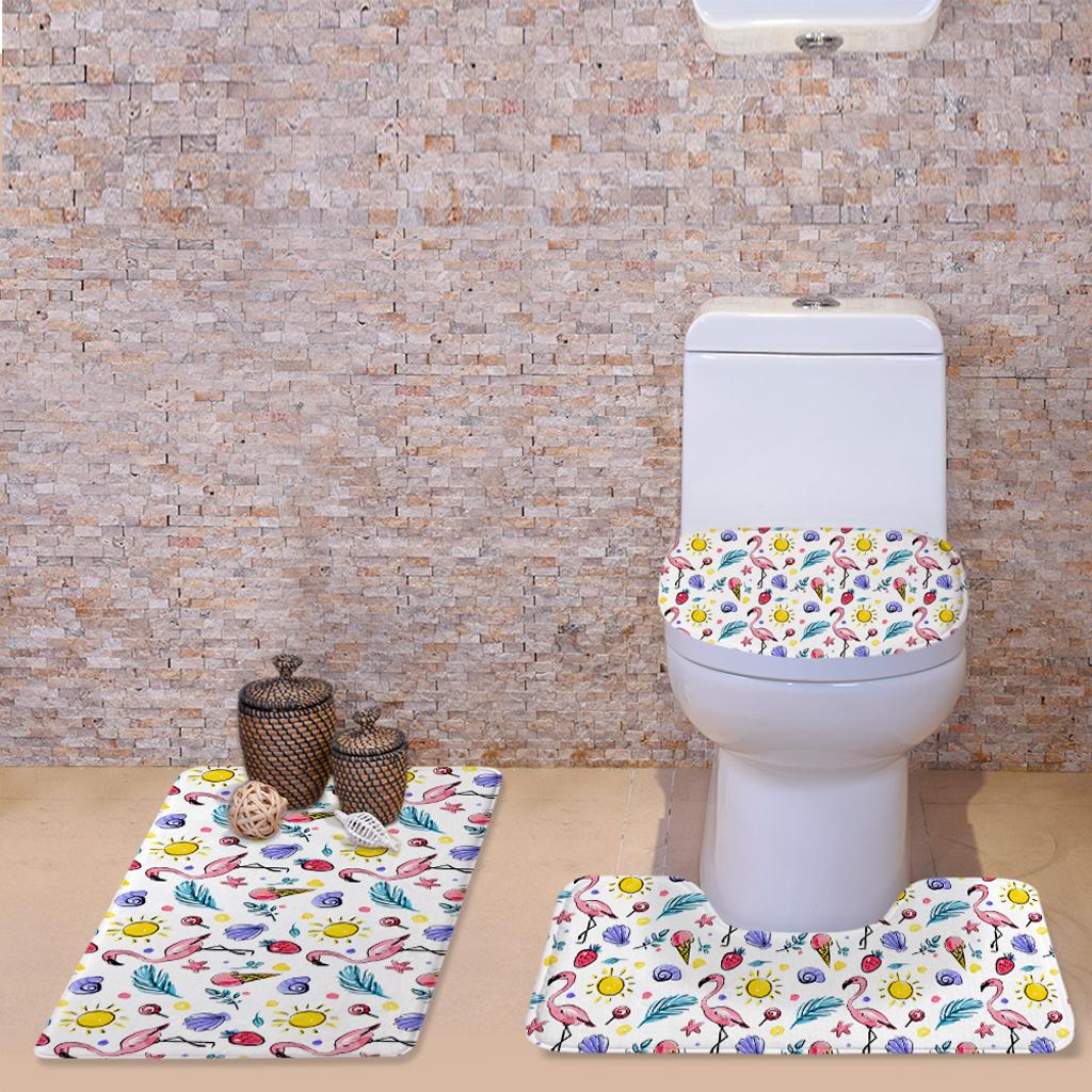 Non-Slip Flamingo Print Bathroom Pedestal Lid Mat Toilet Rug Set 4