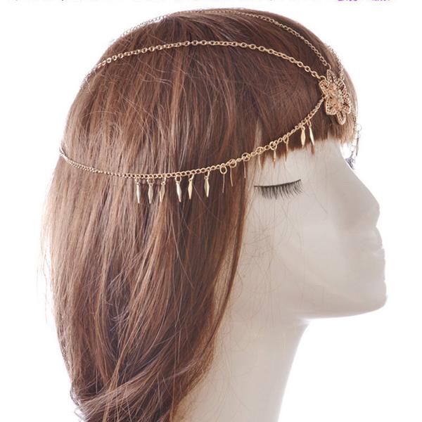 Women's Fashion Alloy Head Chain with Leaf Flower Tassel Hairband Headband