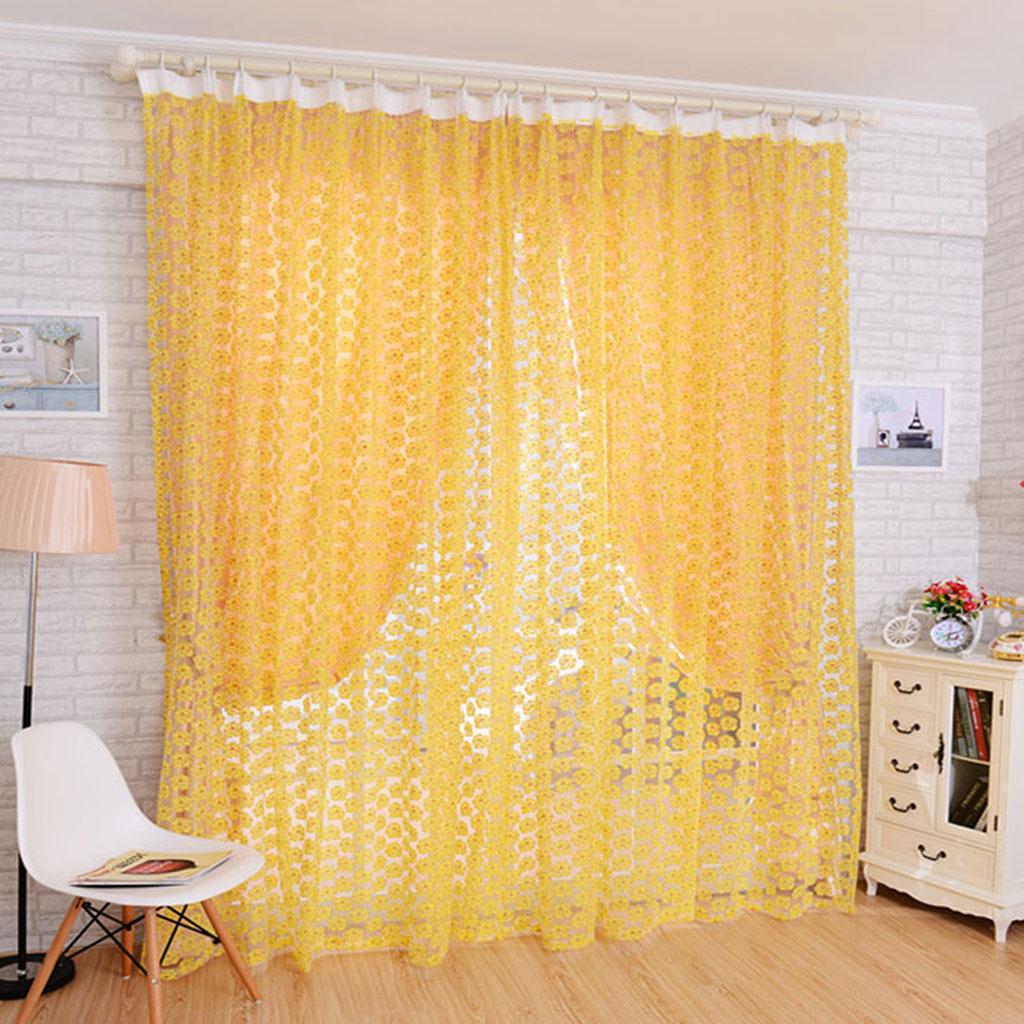 Rose Pattern Tulle Door Window Divider Voile Drape Curtain Valance Yellow