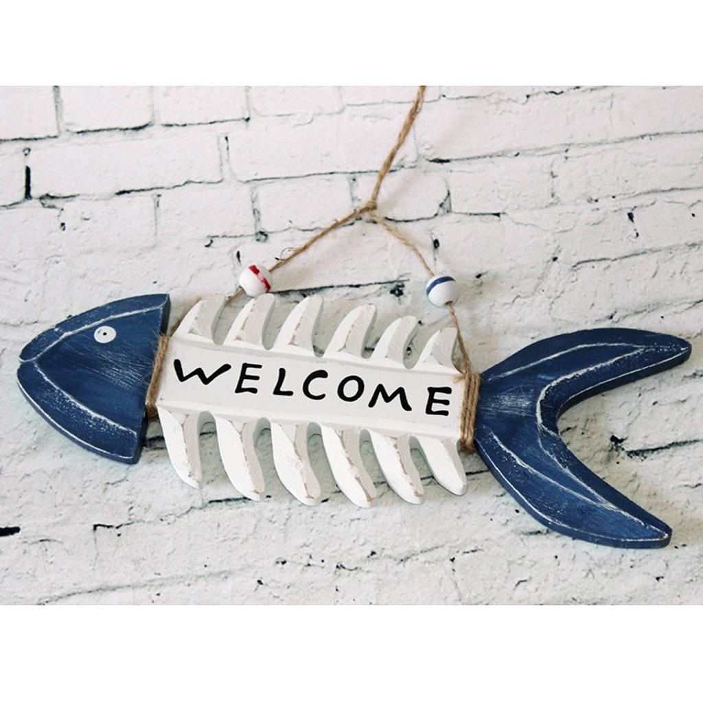 WELCOME Wooden Fish Skeleton Hanging Home Shop Beach Theme Cafe Decoration