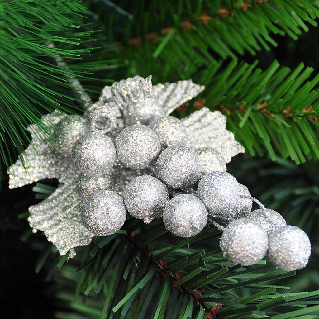 Christmas Shiny Fruit Ball Artificial Leaf Bush Xmas Holiday Ornament Silver