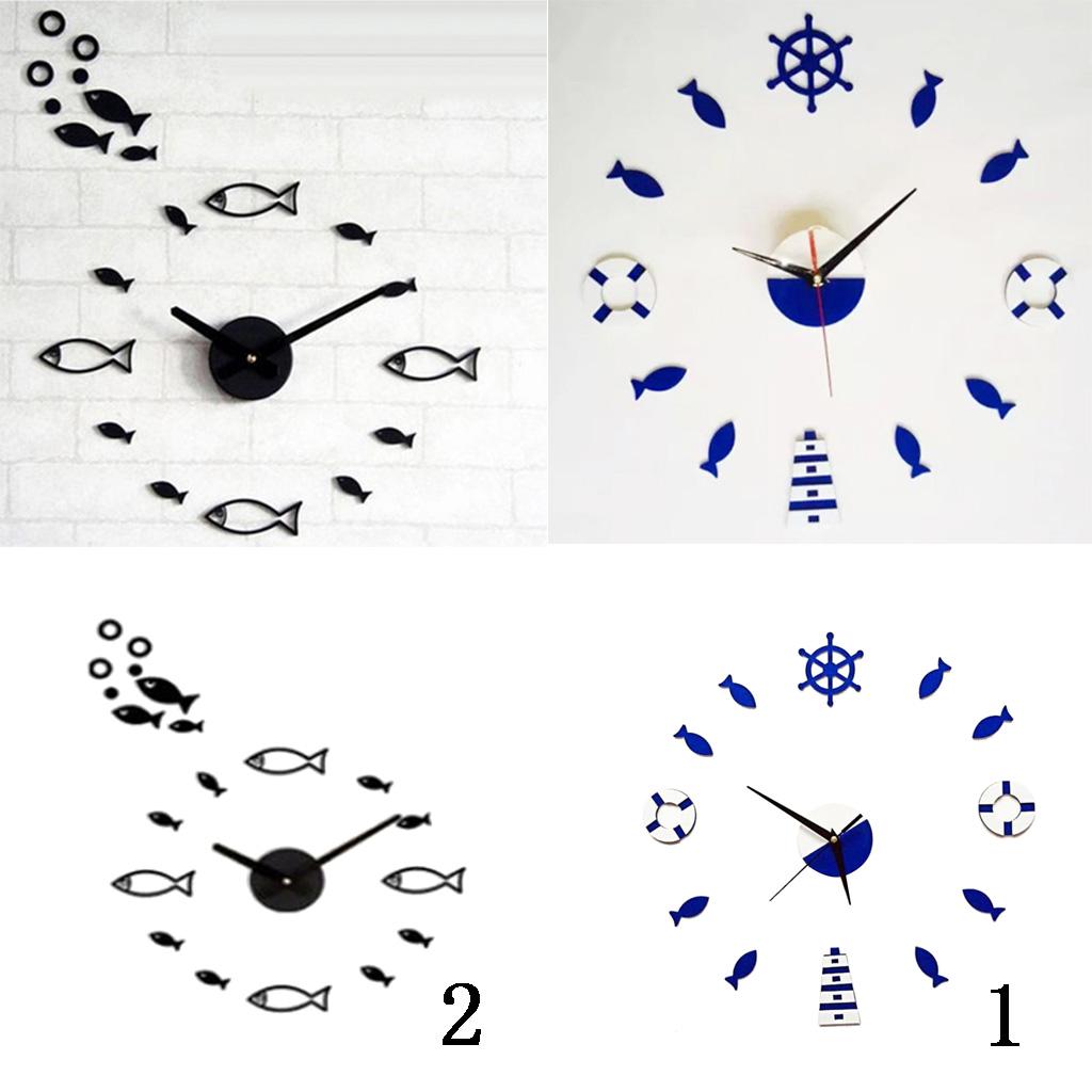 Mediterranean Style Wall Clock Rudder Tower Small Fish DIY Mute Clock Blue