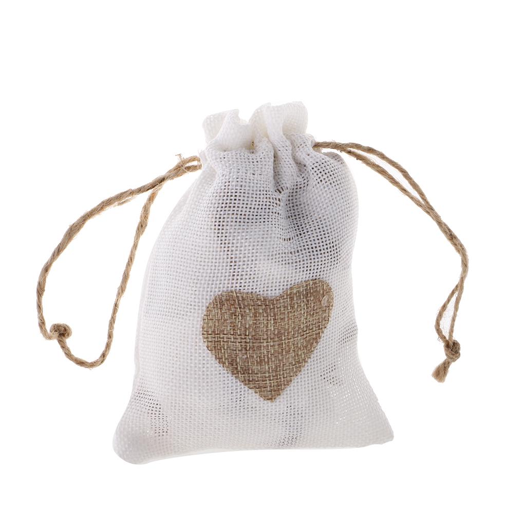 6x Vintage Heart Candy Gift Bags Wedding Favor Bags Drawstring Pouch White