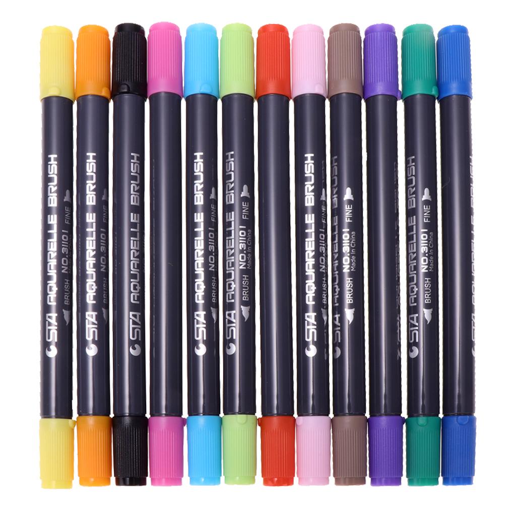 12 Colors Dual Tip 0.8mm Fine Point Tip Makers with 1-2mm Brush Marker Pens Art Makers Sketching Writing Drawing Markers Fineliner Pen For Coloring Books Manga Comic Calligraphy