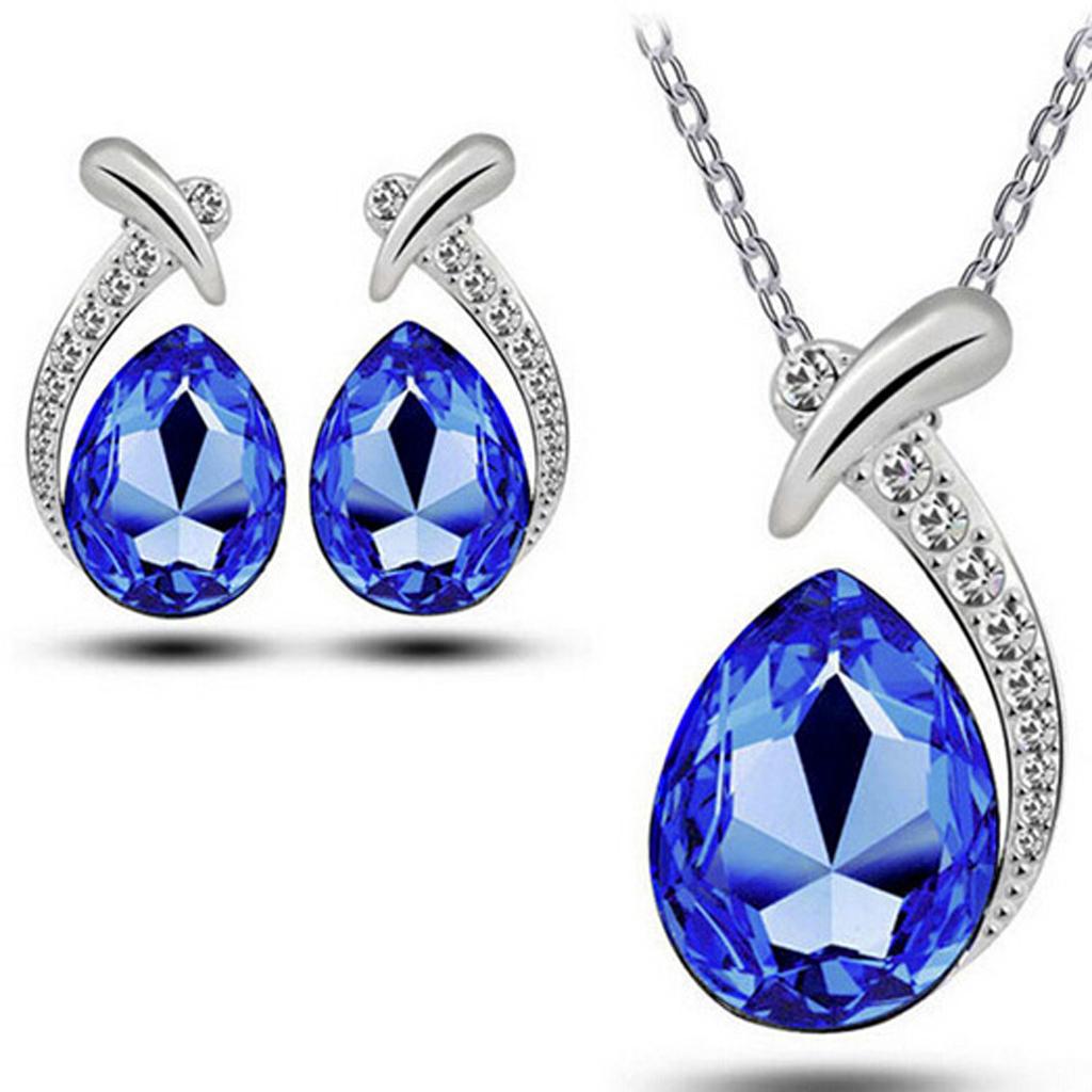 Crystal Rhinestone Water Drop Pendant Necklace Earrings Jewelry Set Silver