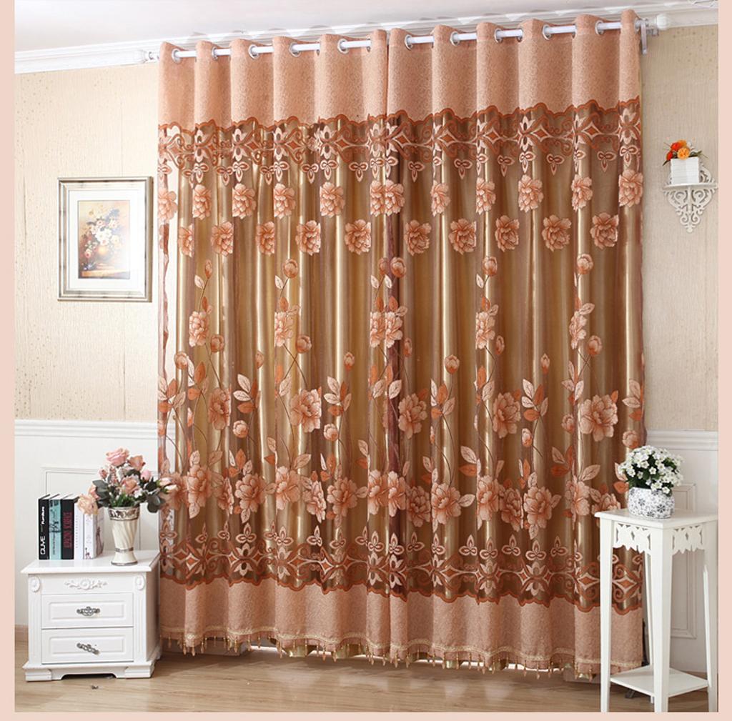 250x100cm Flower Pattern Beaded Jacquard Window Voile Curtain- Coffee