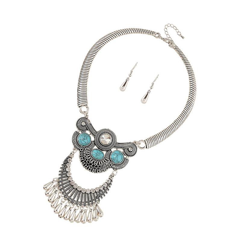 Antique Silver Turquoise Tassel Statement Necklace Bib Earring Jewelry Set