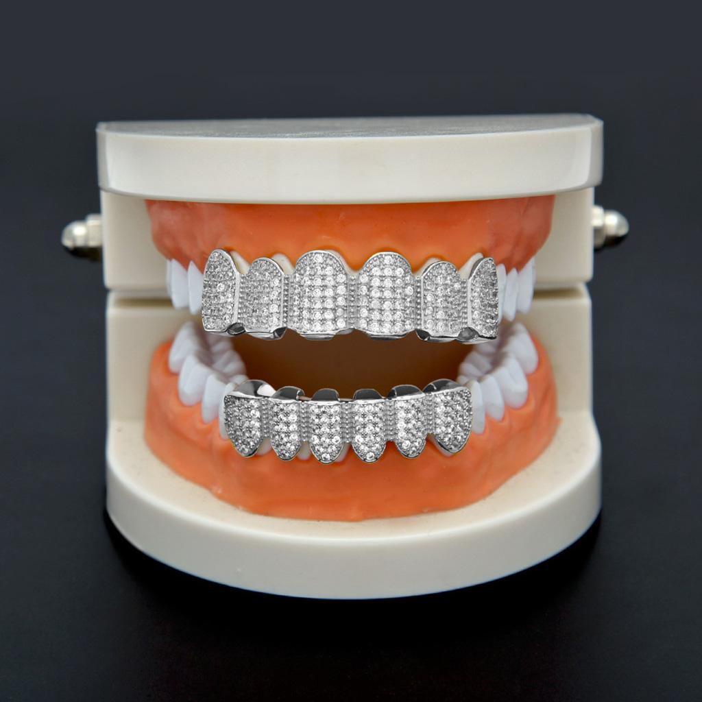 Silver Full Crystal CZ Teeth Grills Top Bottom Tooth Caps Silicone Moldings