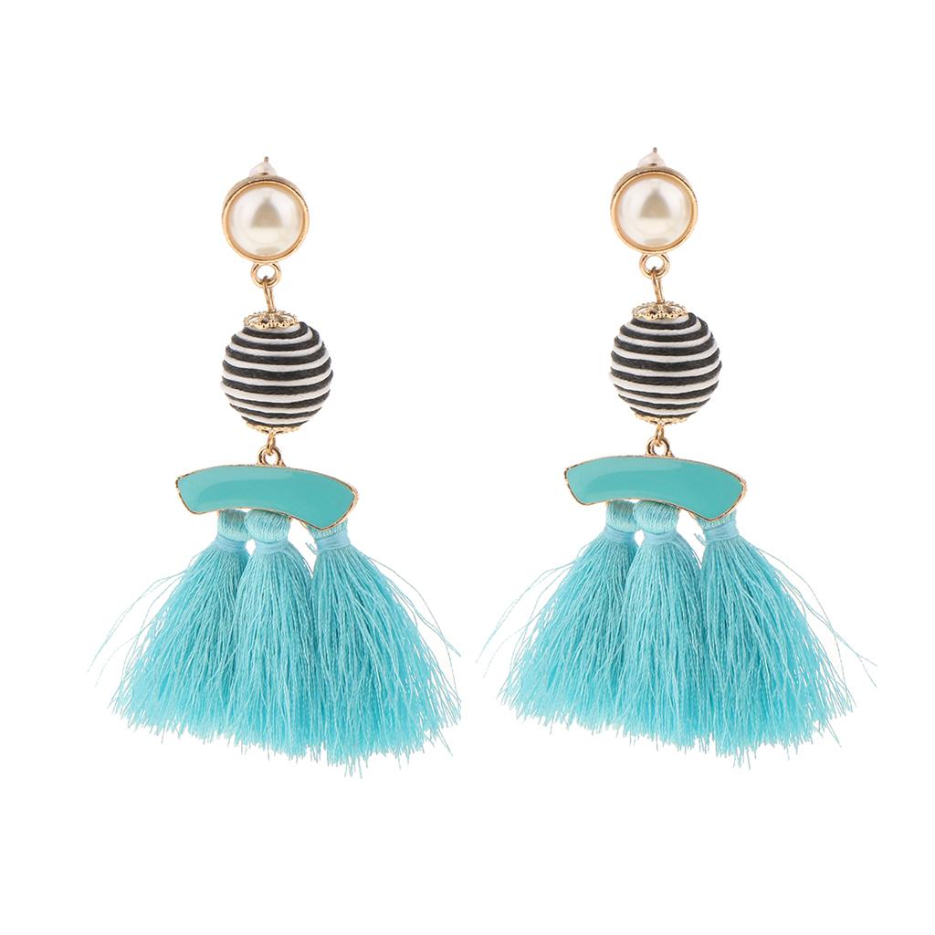 Behomia Enamel Fringed Tassel Ball Beads Pearl Dangle Stud Earrings Blue