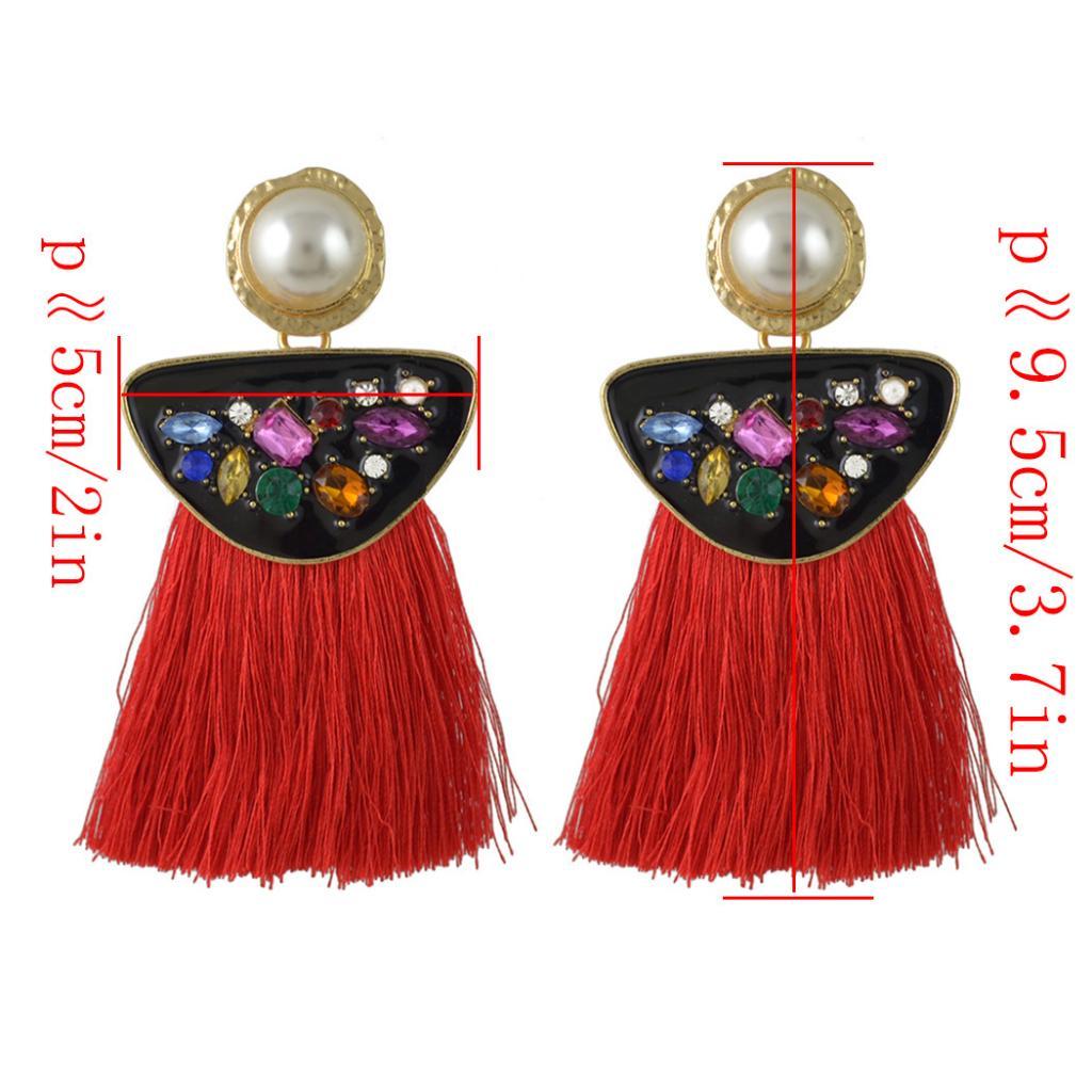 Behomian Statement Fringed Thread Rhinestone Tassel Dangle Earrings Red