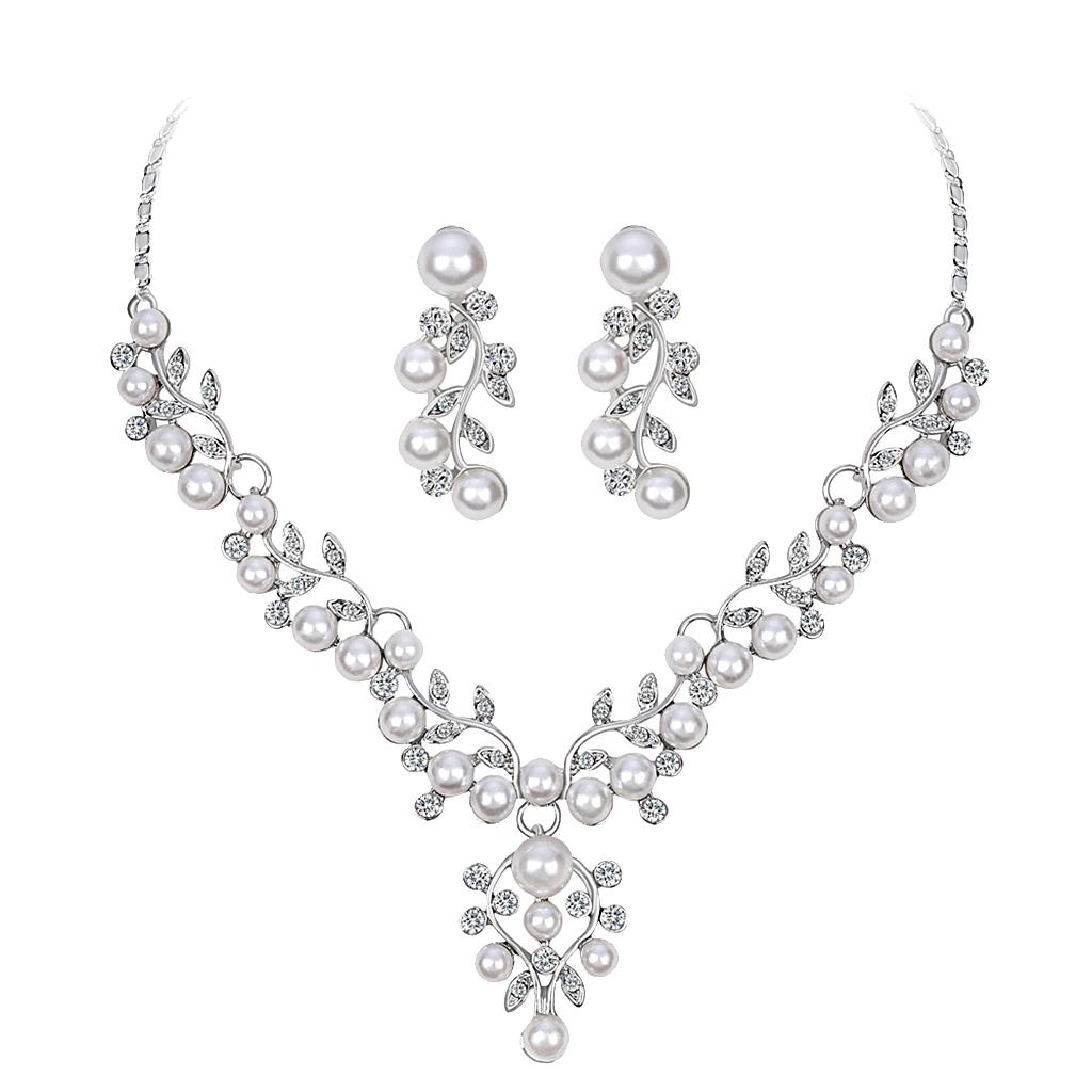 Crystal Rhinestone Pearl Flower Leaf Necklace Earrings Set Bridal Bridesmaid Jewelry